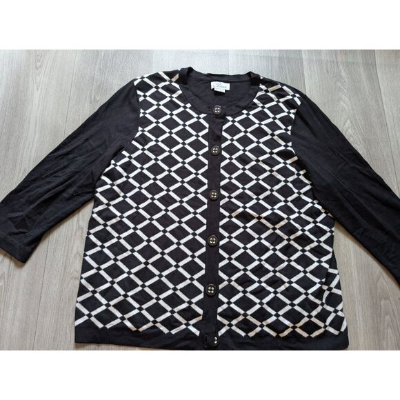 Chaus Womens 2X Black & White Diamond Pattern Button-Front Cardigan Sweater - Picture 4 of 8